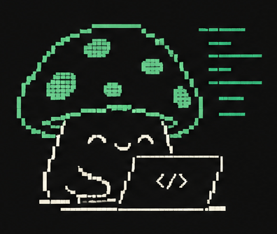 Mycelium logo: a pixel-art mushroom with a green spotted cap, smiling as it types code on a laptop